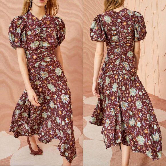 Ulla Johnson Dress Silk Floral Puff Sleeve Red Ruched Heleen Midi Dress Size 0 - Picture 1 of 9